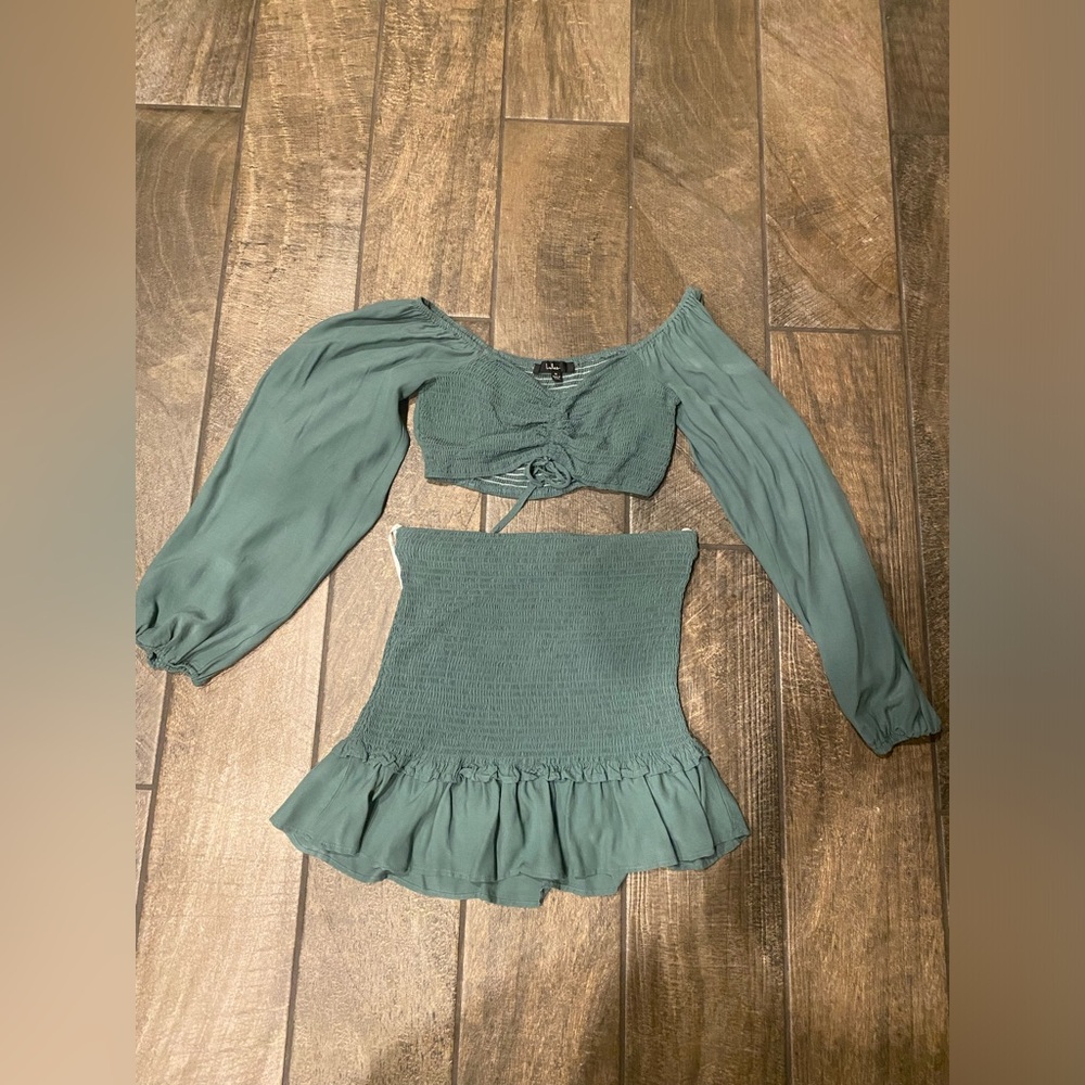 On My Good Side Green Floral Print Smocked Two-Piece Mini Dress - Picture 4 of 8